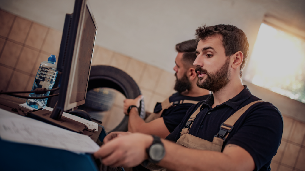 Mechanic reviewing diagnostics at the workshop desk